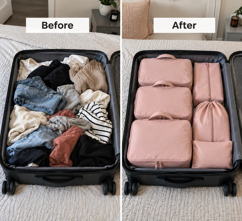 Same suitcase before and after packing with blush pink AeroPack cubes