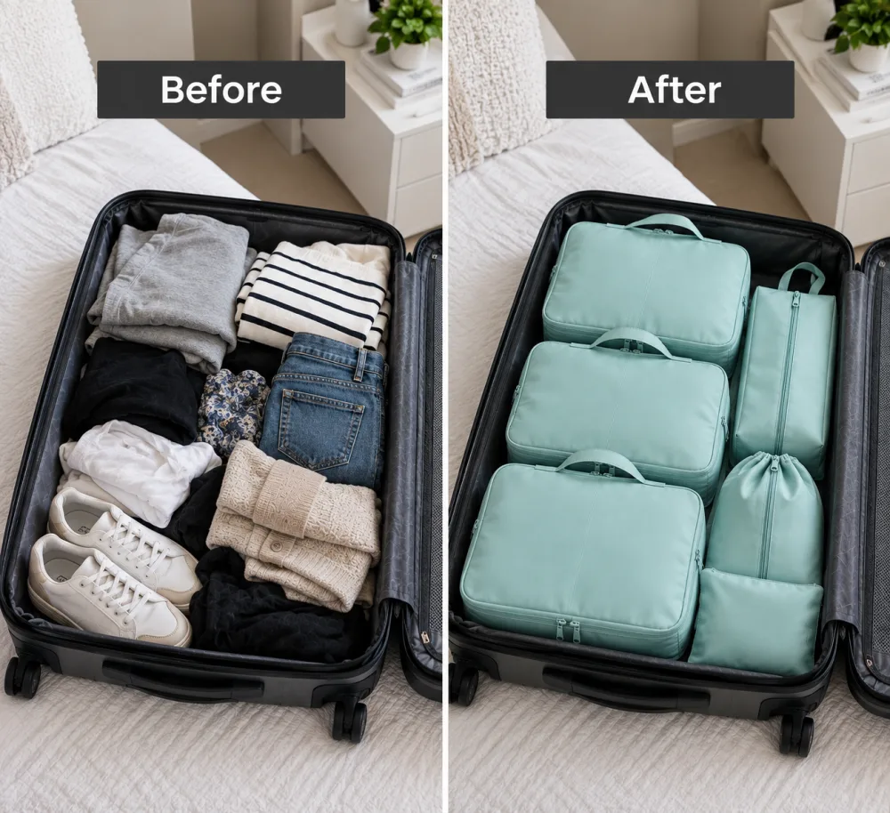 Same suitcase before and after packing with mint AeroPack cubes