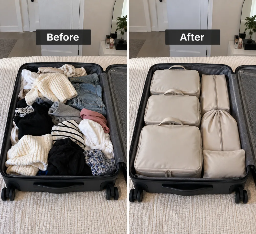 Same suitcase before and after packing with beige AeroPack cubes